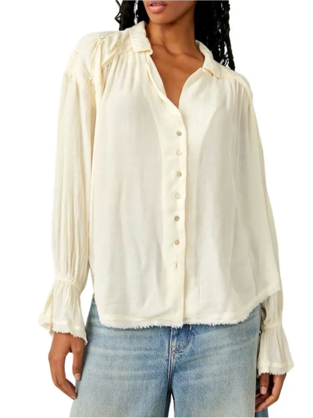 Free People Olivia Raw Edge Top Boho Embroidered Flowy Blouse Oversized Size L